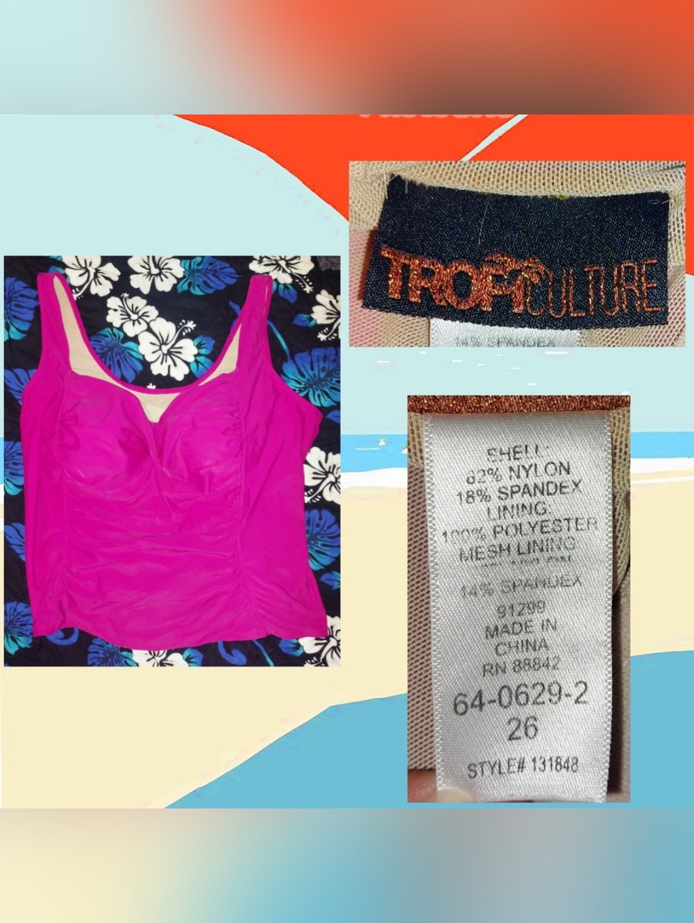 Tropic Culture brand Hot Pink Soft Knit Swim Tankini Top w/Built-in Bra Sz 26